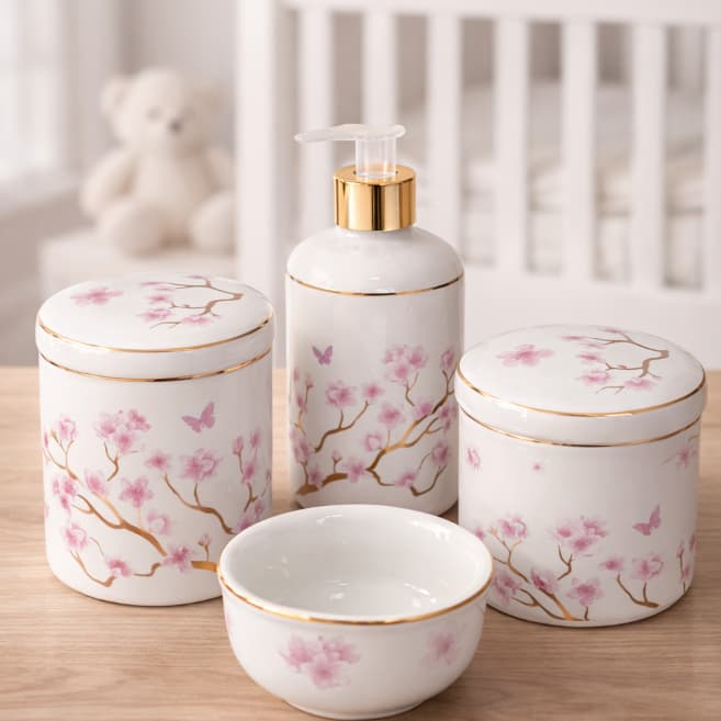Kit Higiene Bebe Porcelana Cerejeira Friso Ouro Floral