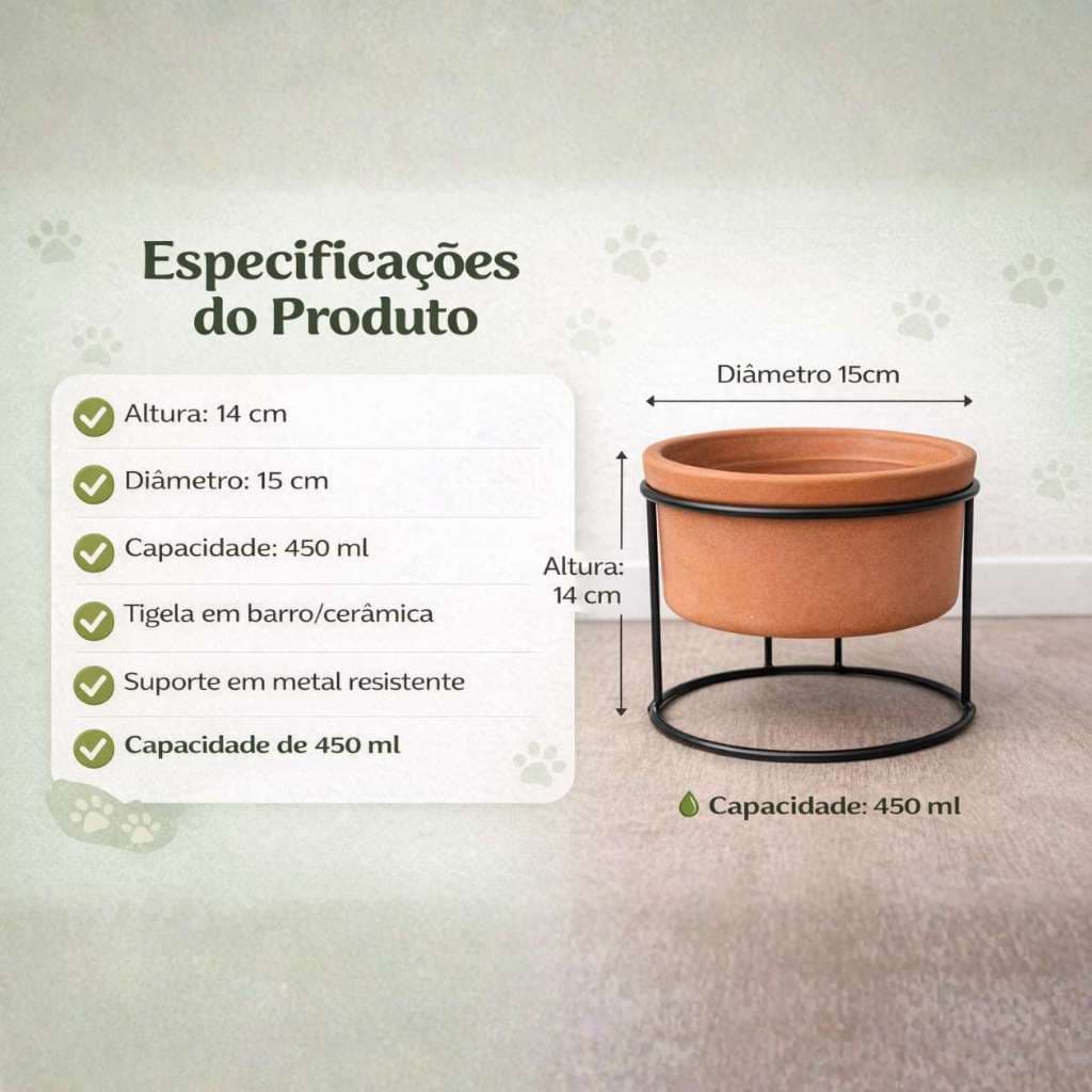 Comedouro Bebedouro Elevado Barro com Suporte Em Ferro Gatos e Cachorro Potes Para Ração e Água Pet 450 ML Atura 14 cm.