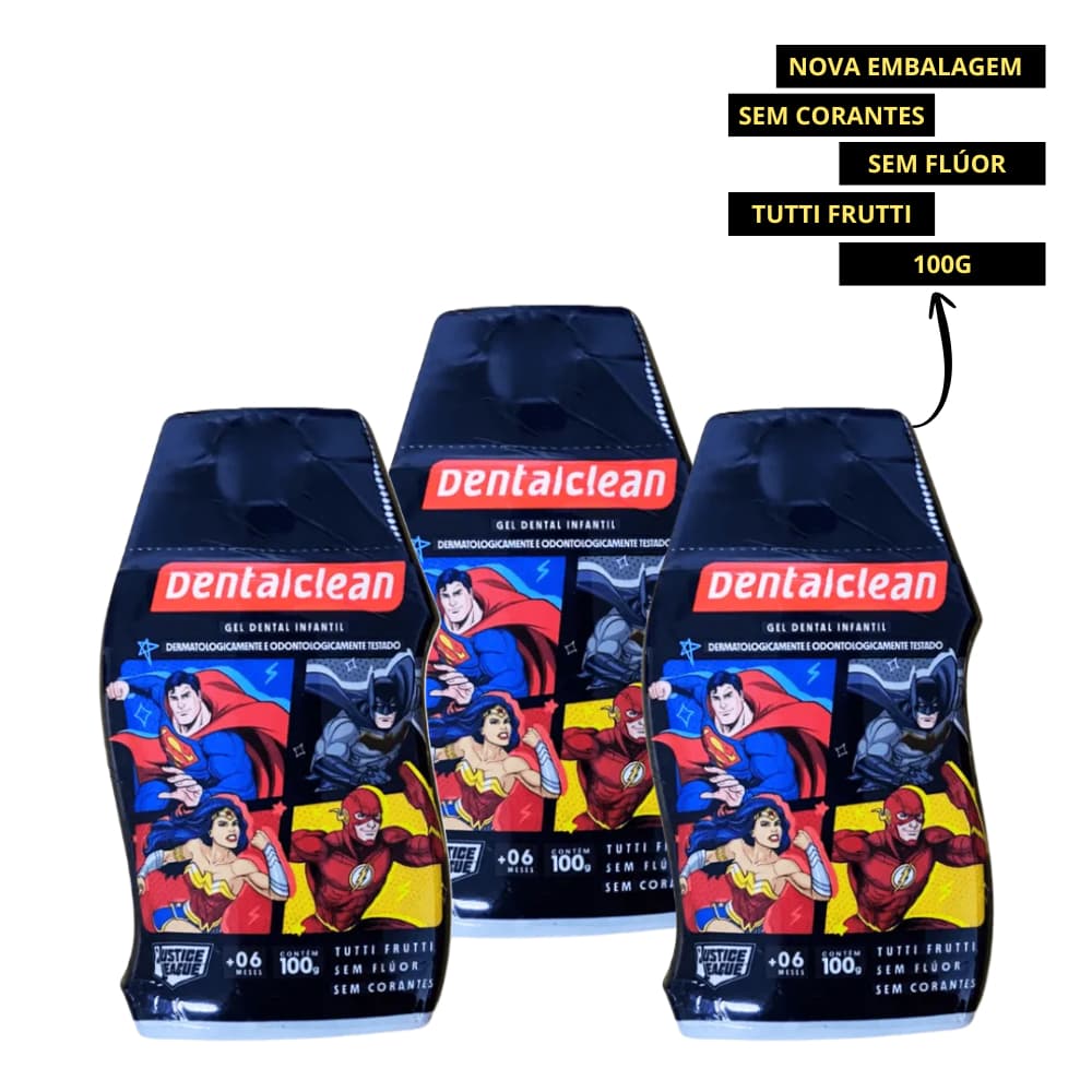 Kit c/3 Gel Dental Infantil Liga Da Justiça Mix de Frutas Dentalclean 100g