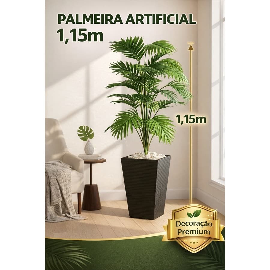 Palmeira Artificial Grande 1,15m com Vaso Decorativo – Planta Artificial Realista para Sala e  Escritório