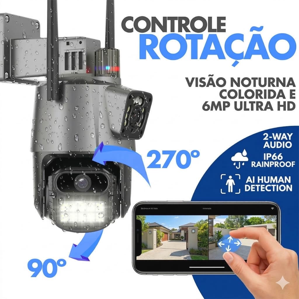 Câmera Segurança Externa Resolução 6MP Dupla Lente Wifi - Visão Noturna Colorida e Rotação 360º