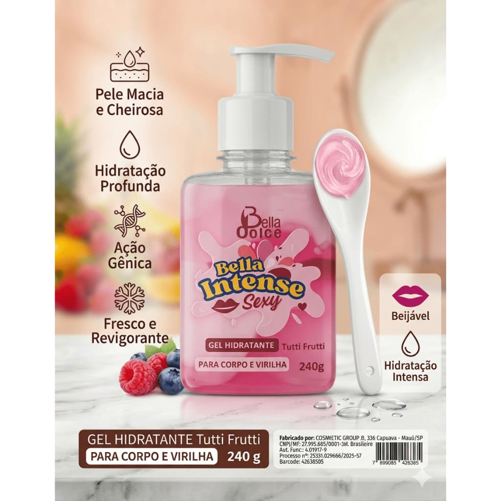 Gel Hidratante Bella Intense Tutti Frutti ou Menta 240g - Corporal Aroma Delicioso e Pele Macia