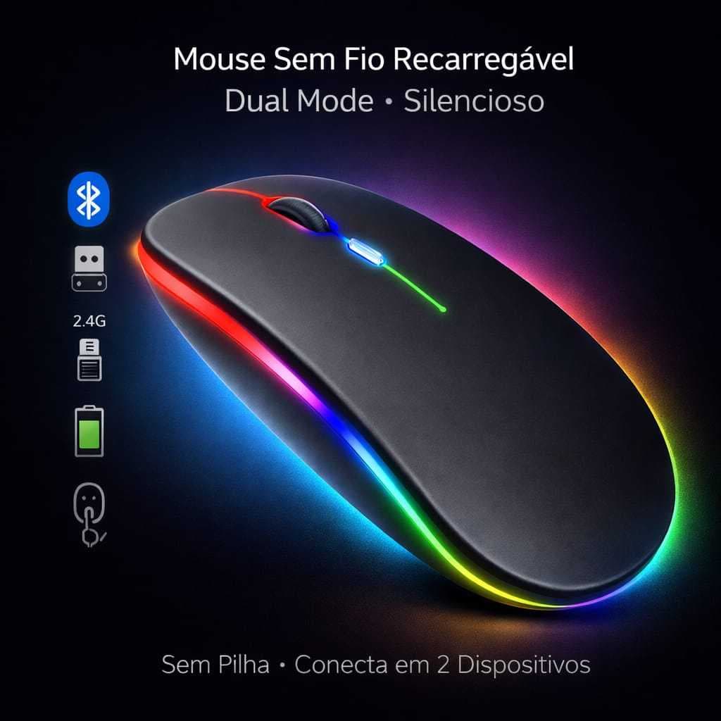 Mouse Sem Fio Recarregável RGB Bluetooth 5.2 + USB 2.4G, ideal para notebook, PC e uso diário.