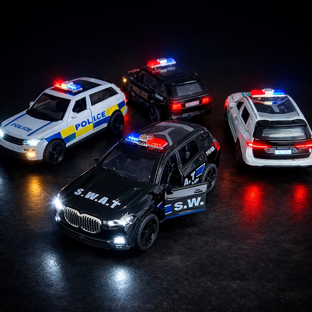 Carrinho de Polícia SWAT Luzes e Portas que Abrem MINIATURA Carro de Brinquedo Infantil Colecionável