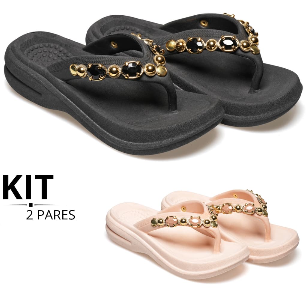 Kit 1 e 2 Pares Tamanco Strass Ortopédico Flexivél