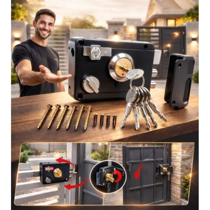 Fechadura para portão residencial manual 6 chaves tetra sobrepor