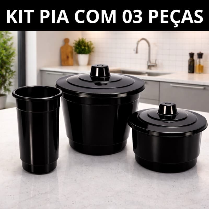 Kit Pia com 3 Peças de Plástico Para Cozinha Com Cesto de Lixo e Porta Esponja e Detergente