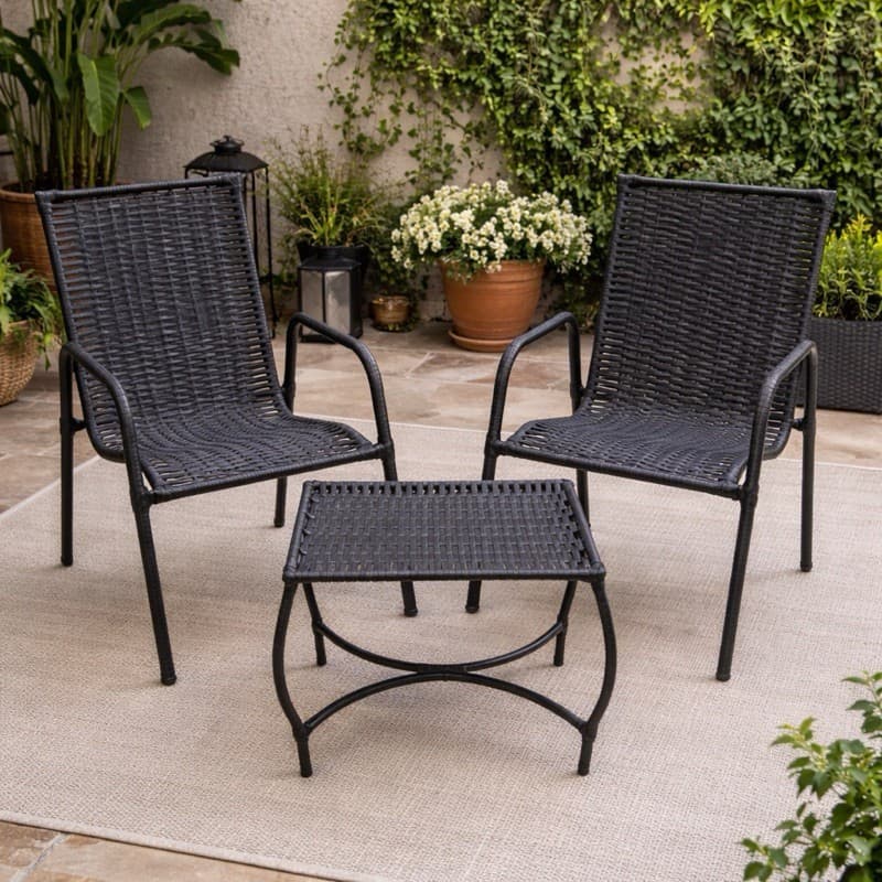 Conjunto -2 Cadeiras com Mesa de centro junco vime Preto area jardim externa sacada varanda impermeavel variedade cores