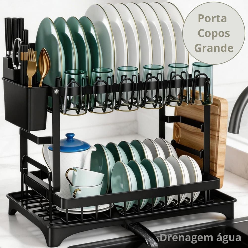 Escorredor de Louça Organizador de Pia Rack de Cozinha Dois Andares Aço Carbono Porta Copos Talheres