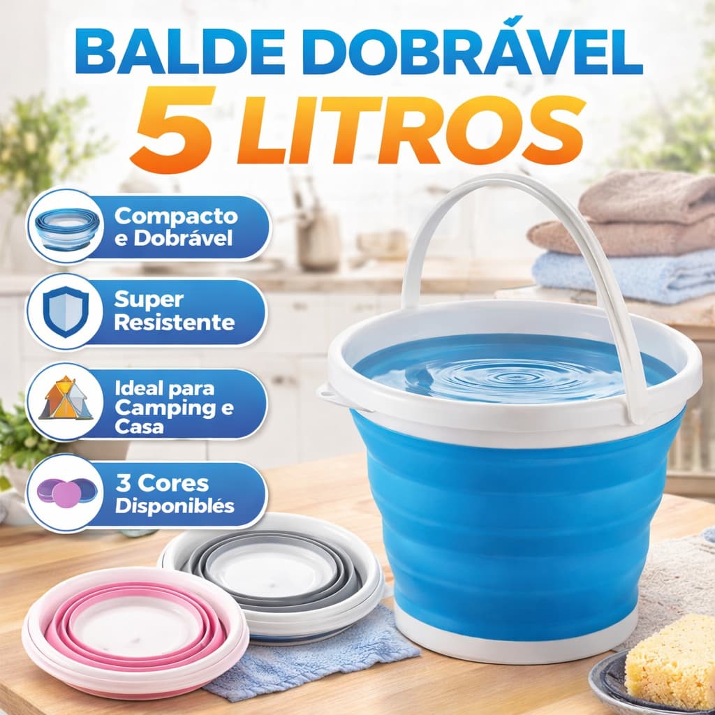Balde De Silicone Reforçado 5L Dobrável Retrátil Com Alça E Suporte Para Pendurar Design Moderno Multiuso Portátil