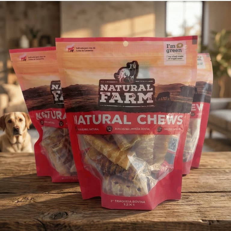 Kit com 3 Pacotes de Traqueia Bovina Natural Farm para Cães | Mordedor Natural | 12 Unidades por Pacote