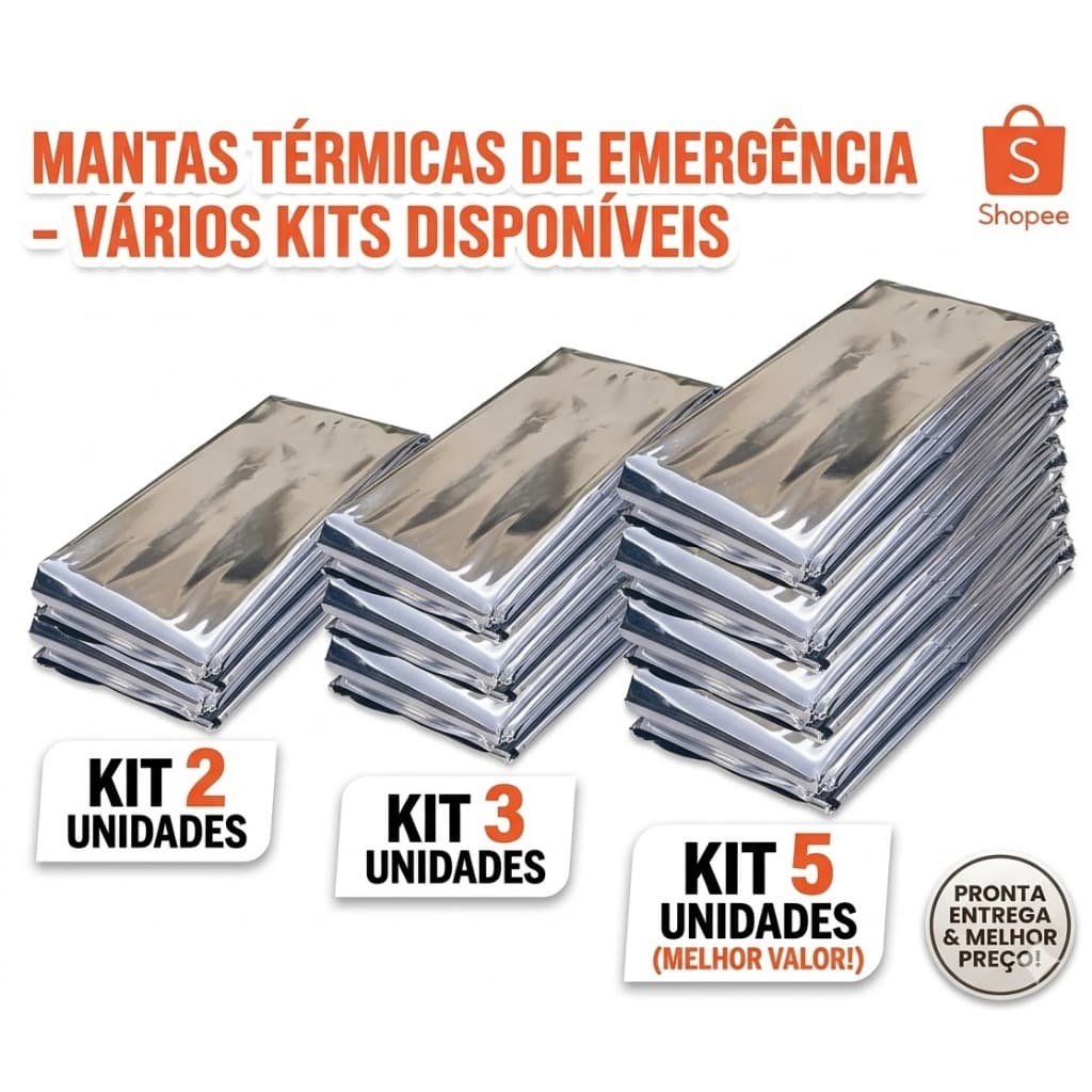 Kit 2 3 5 Cobertor Manta Térmica Aluminizado - Para Resgate, Emergência e Camping - 2,10 x 1,40m