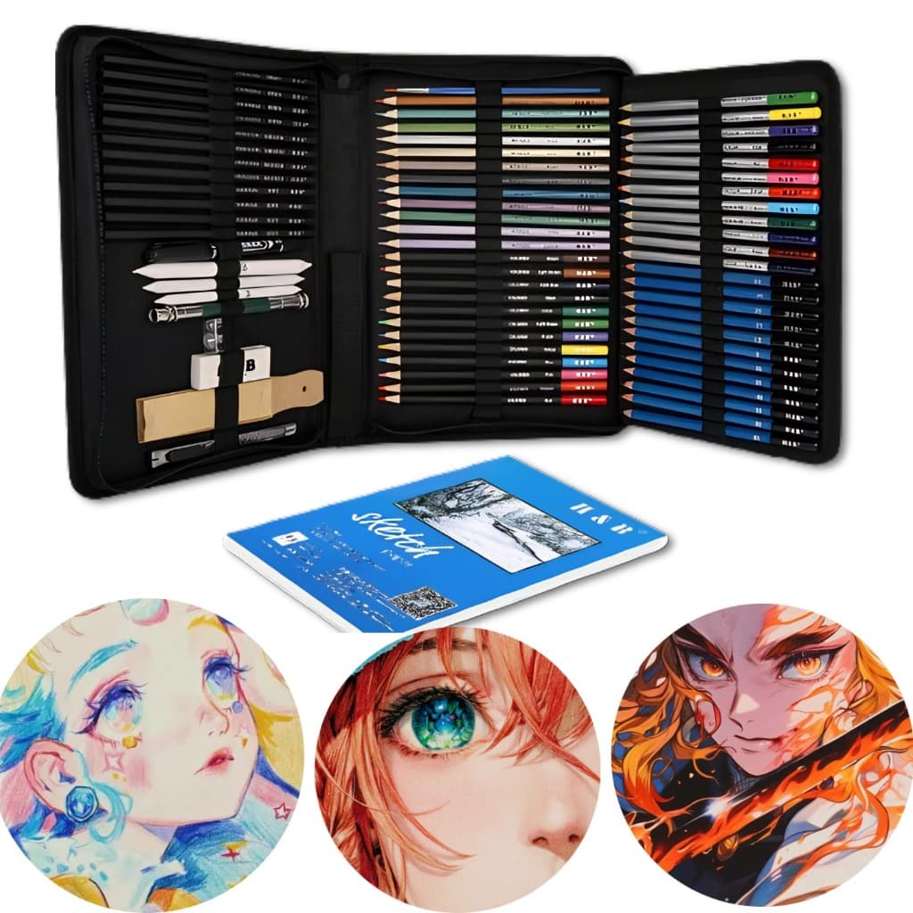 Kit de Desenho Completo 35/96 Peças com Estojo-Lápis Carvão e Acessórios para Iniciantes e Artistas