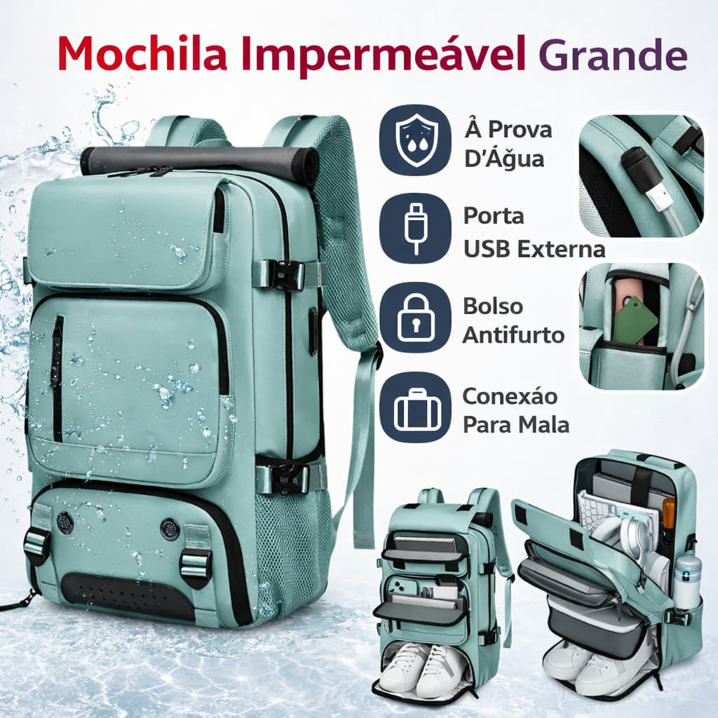 Mochila Impermeavel Viral Grande Multifuncional Viagem Bolsa Mala em Nylon com USB 30L