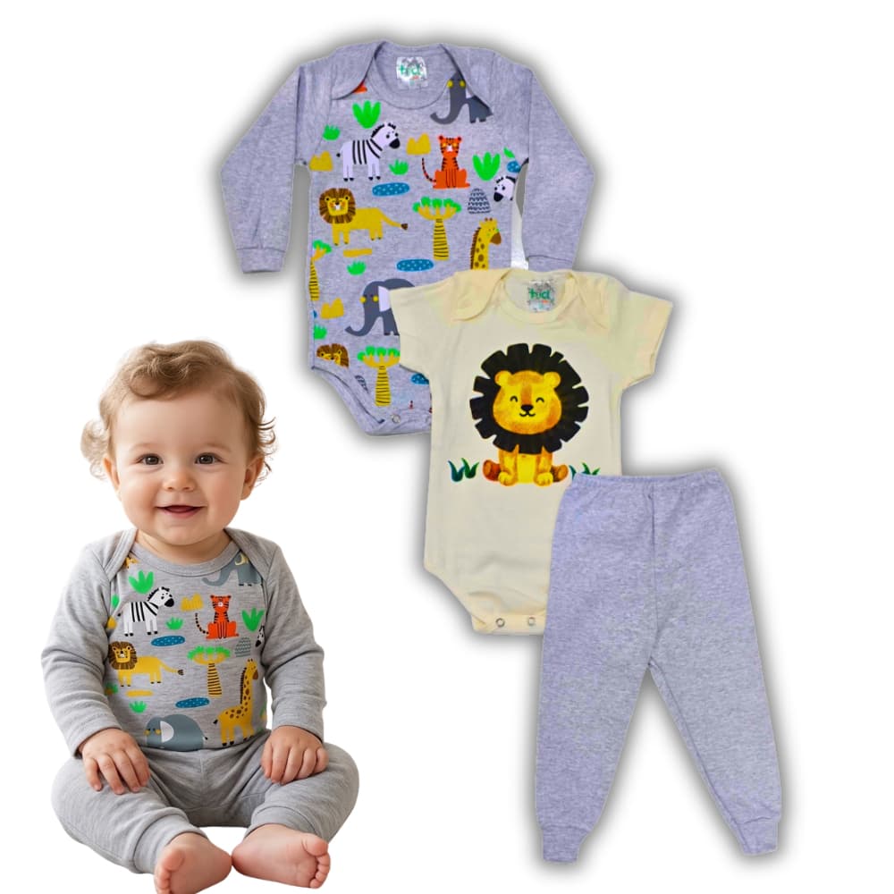 Kit 3 Peças Bebê com 2 Body e 1 Calça Mijão Roupa Algodão Manga Longa Menino Tamanho RN P M G GG