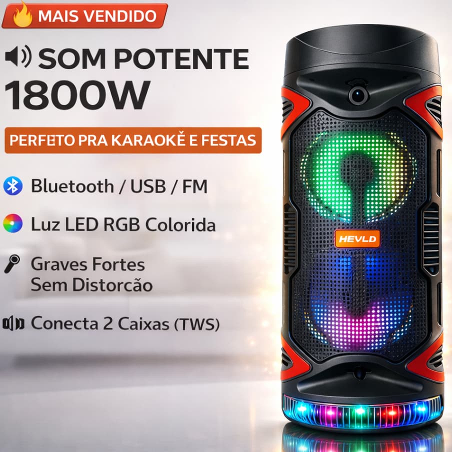 Caixa de Som 1800W Potente Bluetooth Karaokê RGB 2 Alto-Falantes 6.5" Som Alto Grave Forte