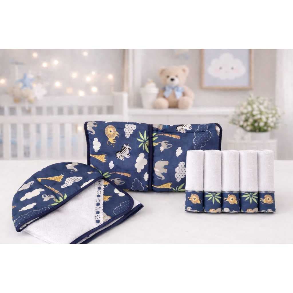 Kit Toalha de Banho para Bebê Forrada + Trocador Portátil Impermeável + 5 Toalhinhas Higiênica Atoalhado