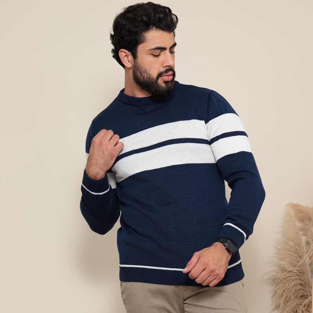 Blusa de Frio Masculina Listrada Suéter de Tricot Elegante Inverno Lã Gola Redonda Manga Longa
