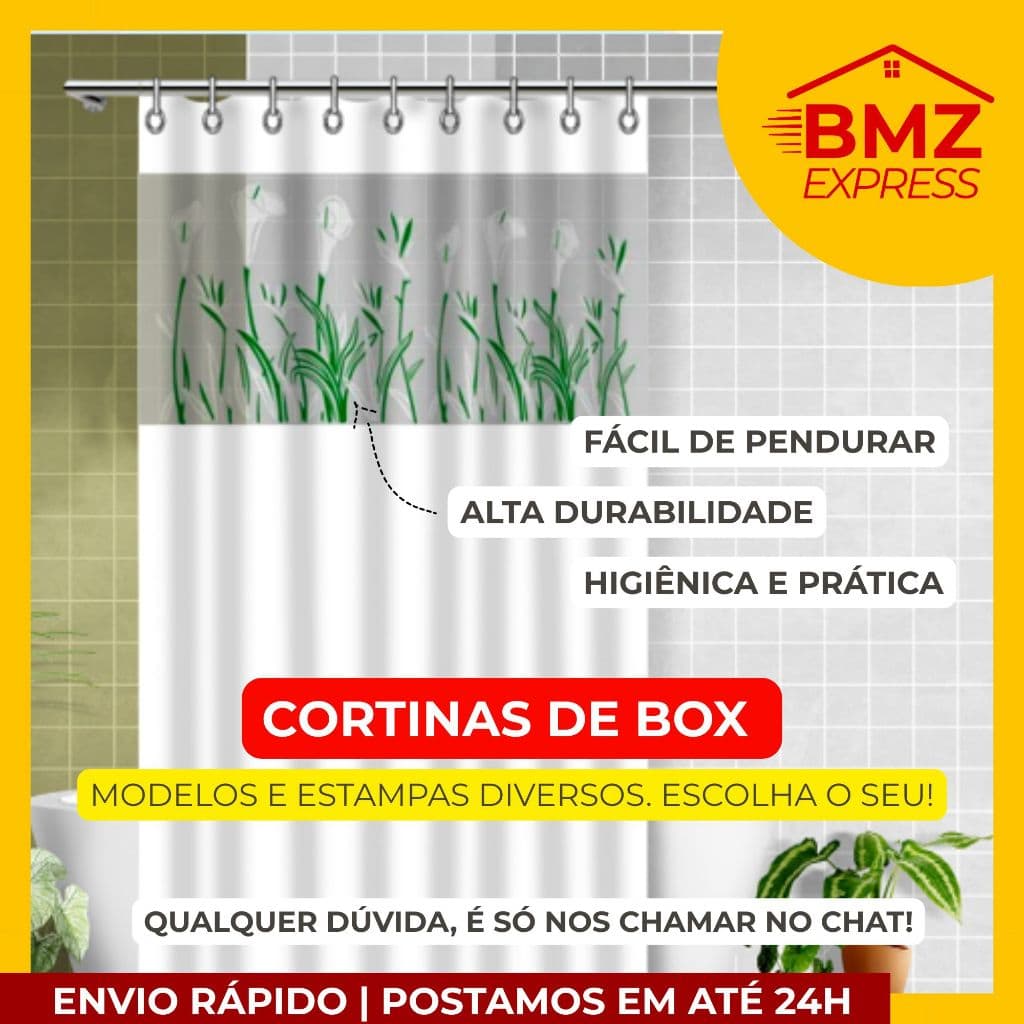 Cortina Box Banheiro ANTIMOFO com visor estampas sortidas em PVC com ganchos