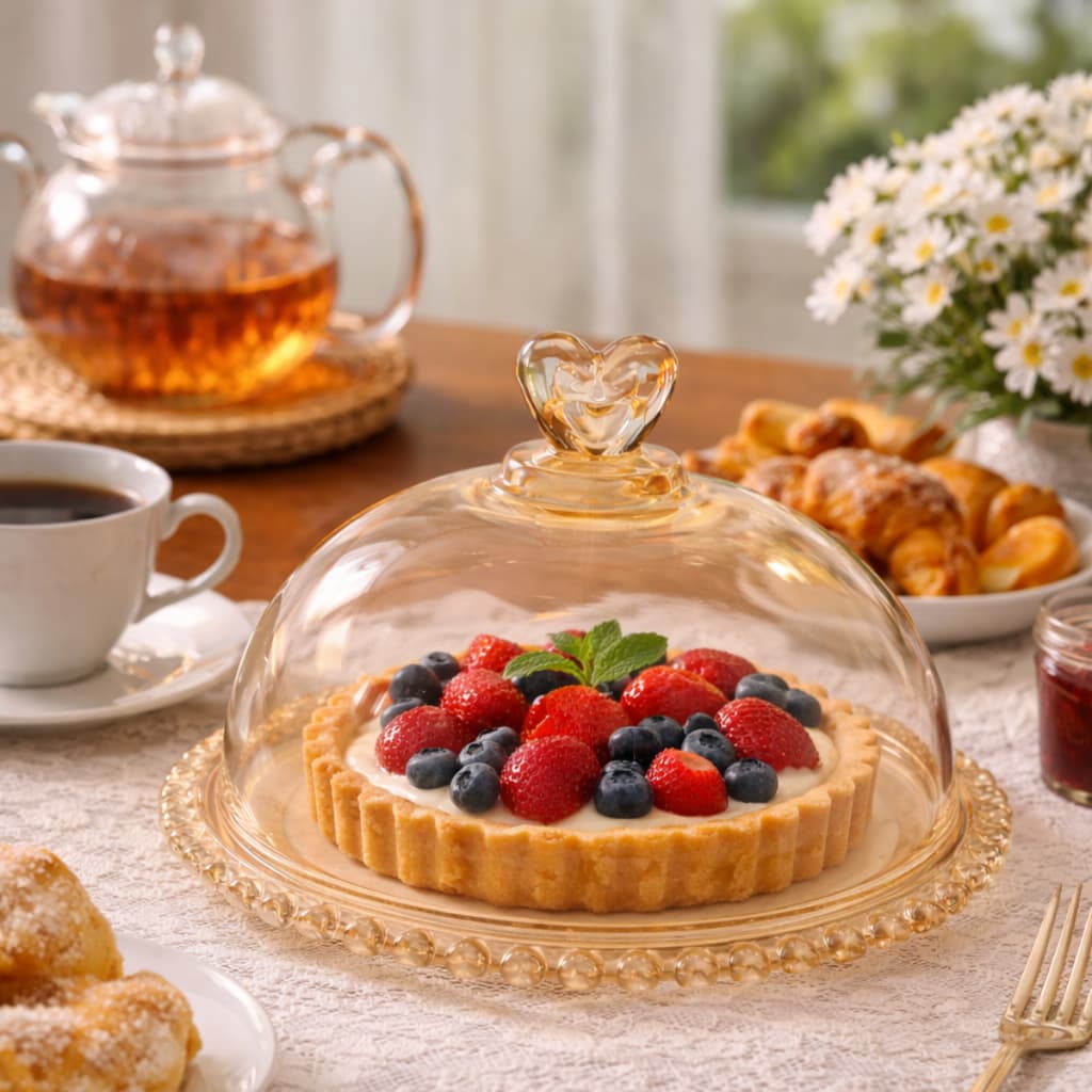 Queijeira Redonda C/ Tampa Vidro Dourado Detalhe Coração