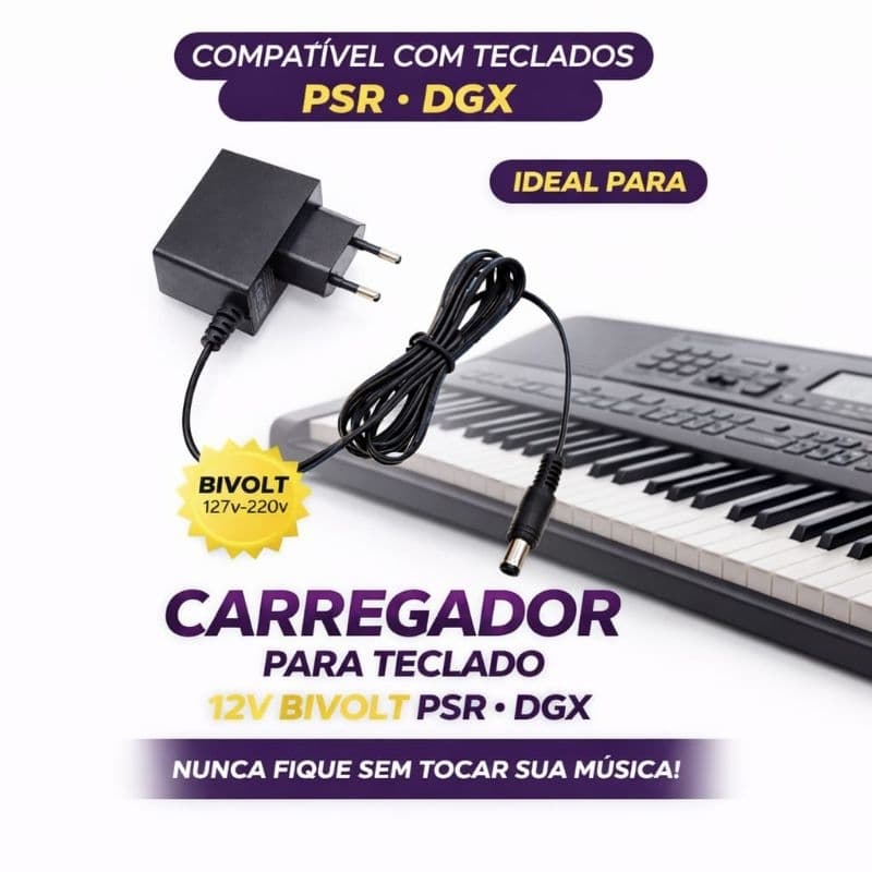 Carregador Yamaha PSR 12V Fonte Bivolt Adaptador 12V DC Plug P4 Compatível Vários Modelos PSR