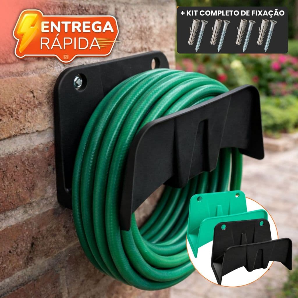 Suporte Mangueira Reforçado Até 50M Verde ou Preto PVC + Parafuso e Bucha Jardim Overtime
