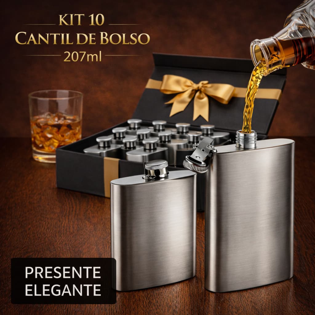 Kit 10 Cantil De Bolso Porta Bebida 207ml Whisky Vodka Rum Em Aço Inox 7 Oz
