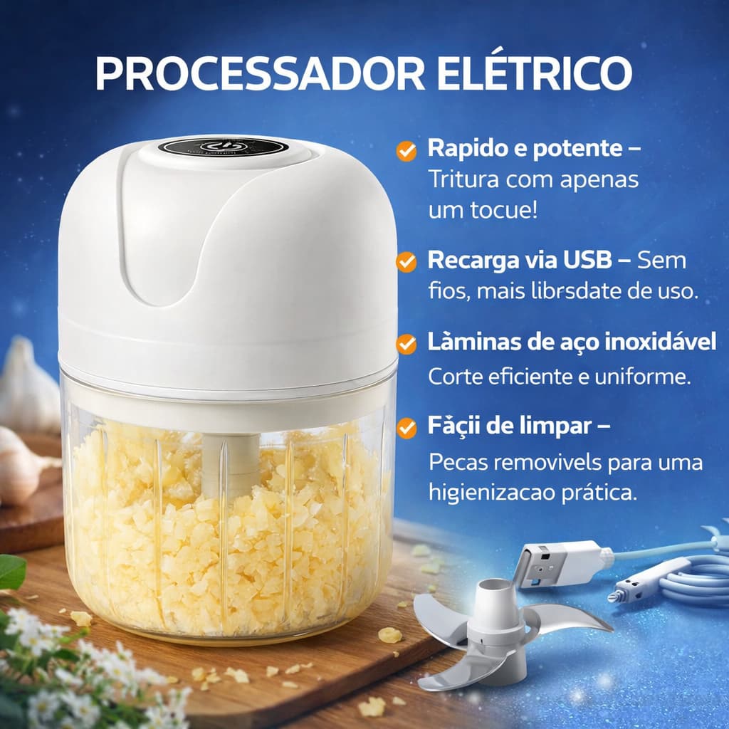 Mini Processador Eletrico USB Recarregavel 3 Laminas Triturador Alho Carne Frutas Legumes Cozinha