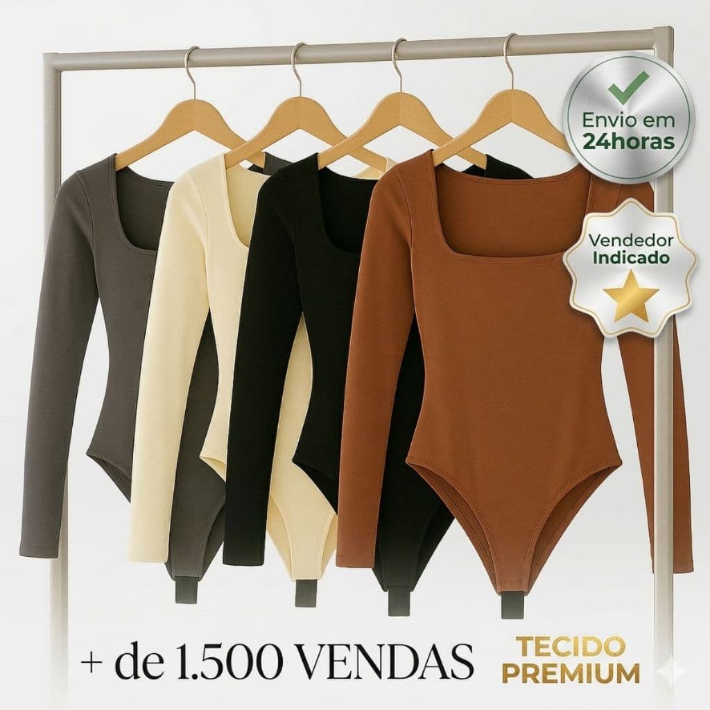 Body Casual Feminino Decote quadrado Manga Longa