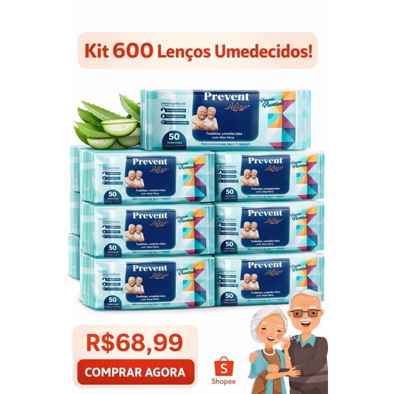 Caixa com 600 lenços Umedecido com 12 pacotes  Geriátrica Prevent 50un