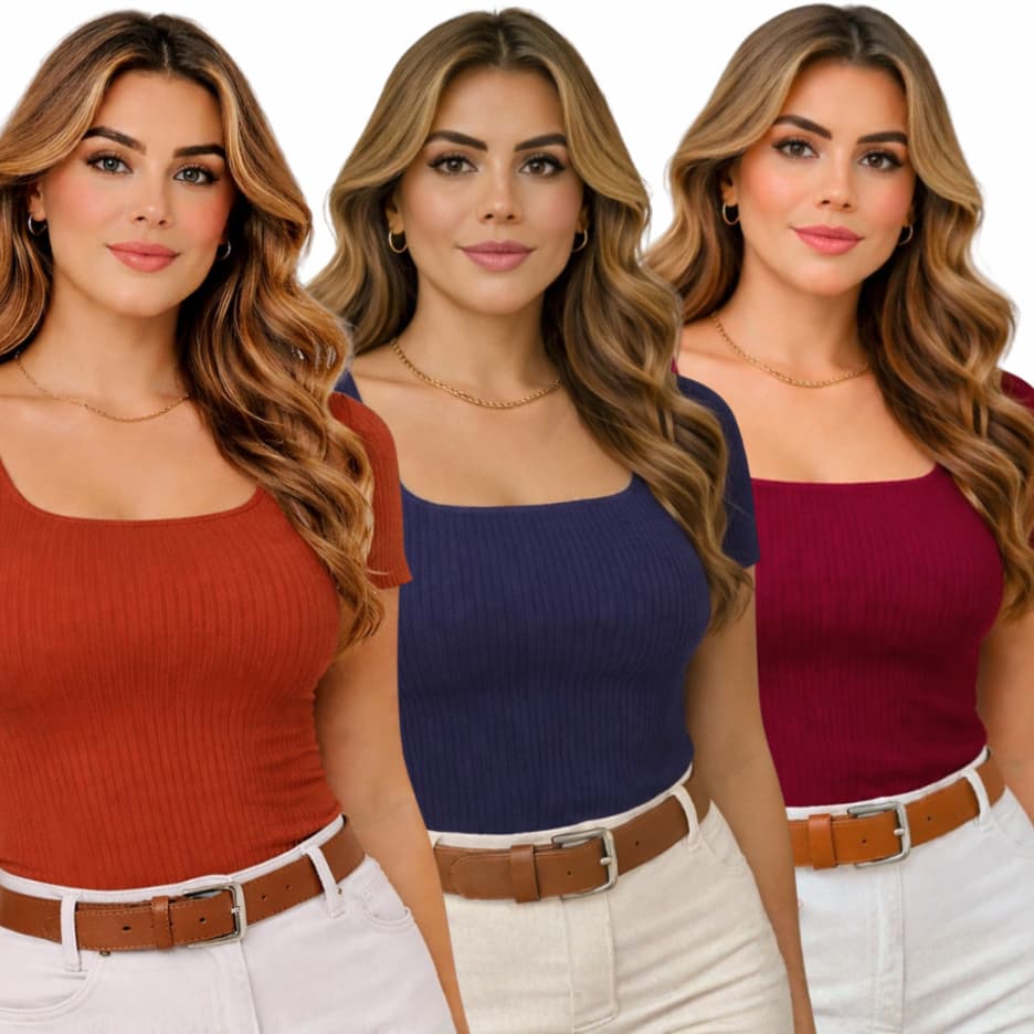 Kit C/ 3 Blusa Canelada Blusinha Feminina Decote Quadrado Básica Tendência Manga Curta Plus Size