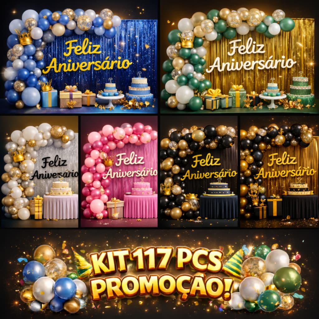 Kit 117 Pcs Balão Feliz Aniversario Cortinas Toalha Bexigas Festa Decoração Enfeite Happy Birthday