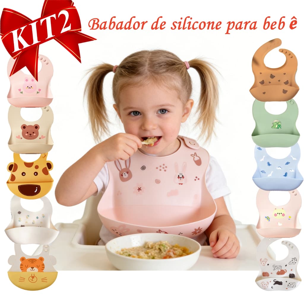 Babador De Silicone Impermeável Para Bebê  Com Pega Migalhas Ajustável Resistente E Durável Infantil