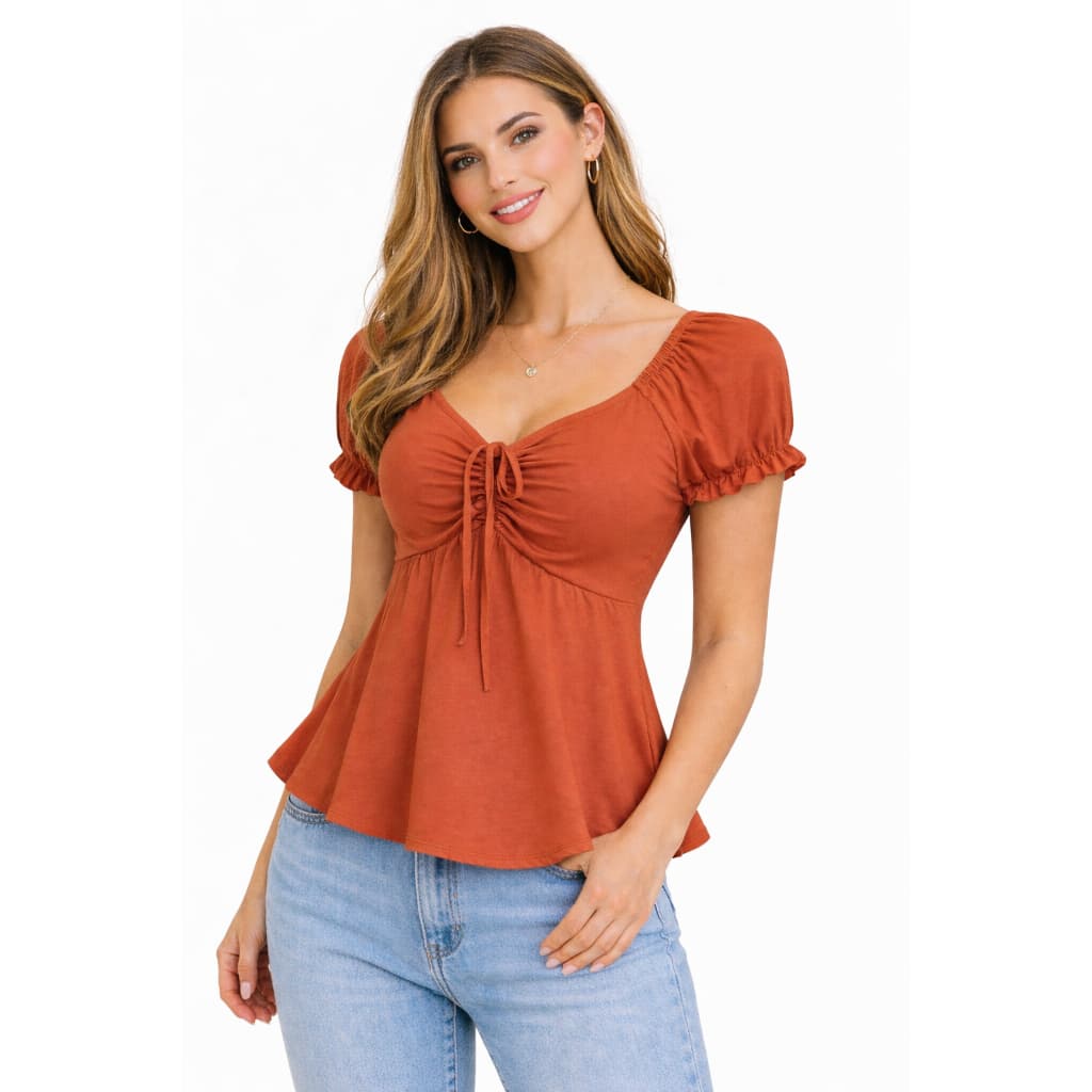 Blusa Feminina  manga curta bufante  Lastex na costa com laço na frente  elegante