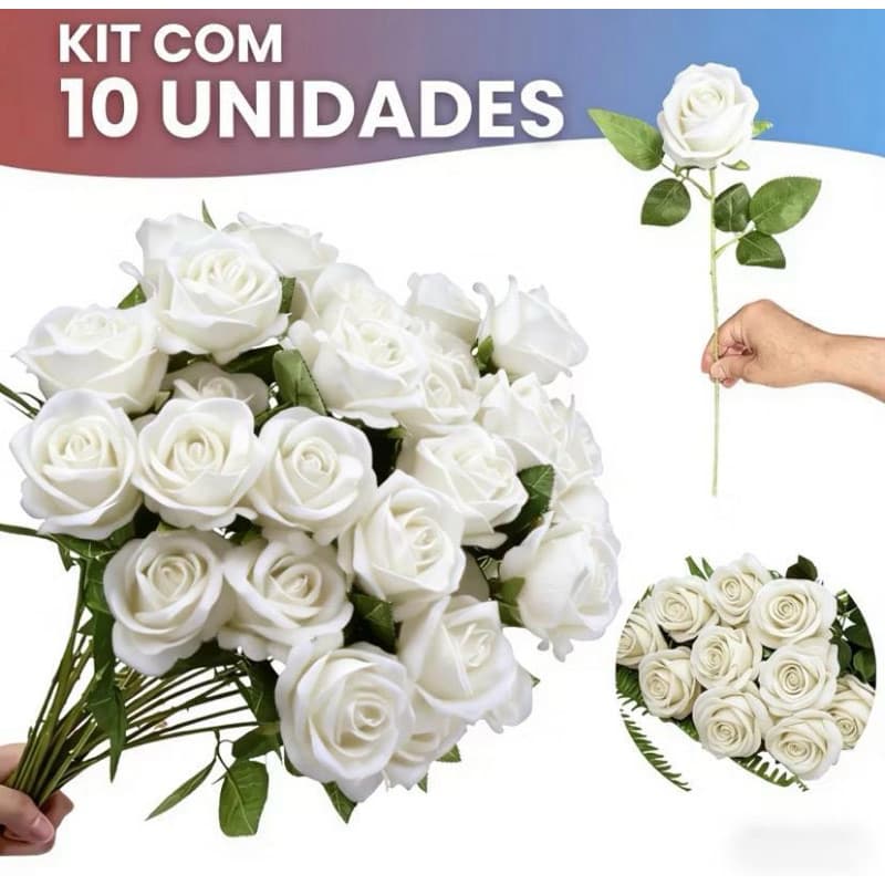 10 Rosas Artificial Branca Aveludada Individual Decoração Arranjo Flor