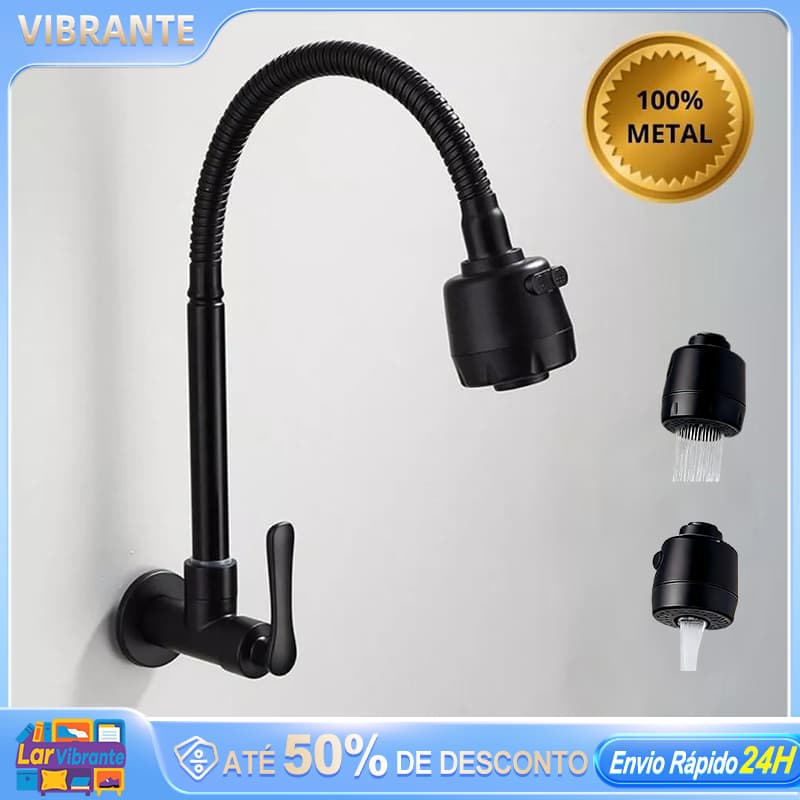 Torneira Gourmet Cozinha Flexível Preta ou Cromada Parede/Mesa 2 Jatos 1/4 Volta