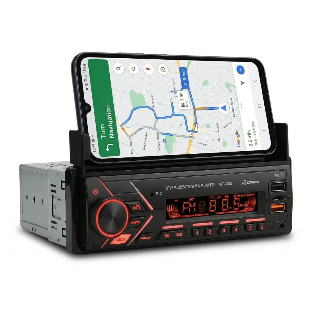 Rádio 1 Din 4x45W 2XUSB Bluetooth RCA SD Suporte Celular AUX Orkan