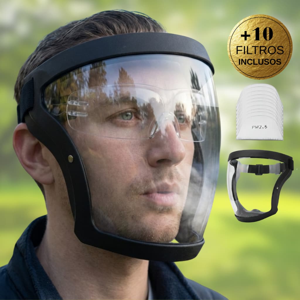 Máscara Facial de Proteção Transparente à Prova de Poeira com 10 Filtros PM 2,5 Anti-Embaçamento