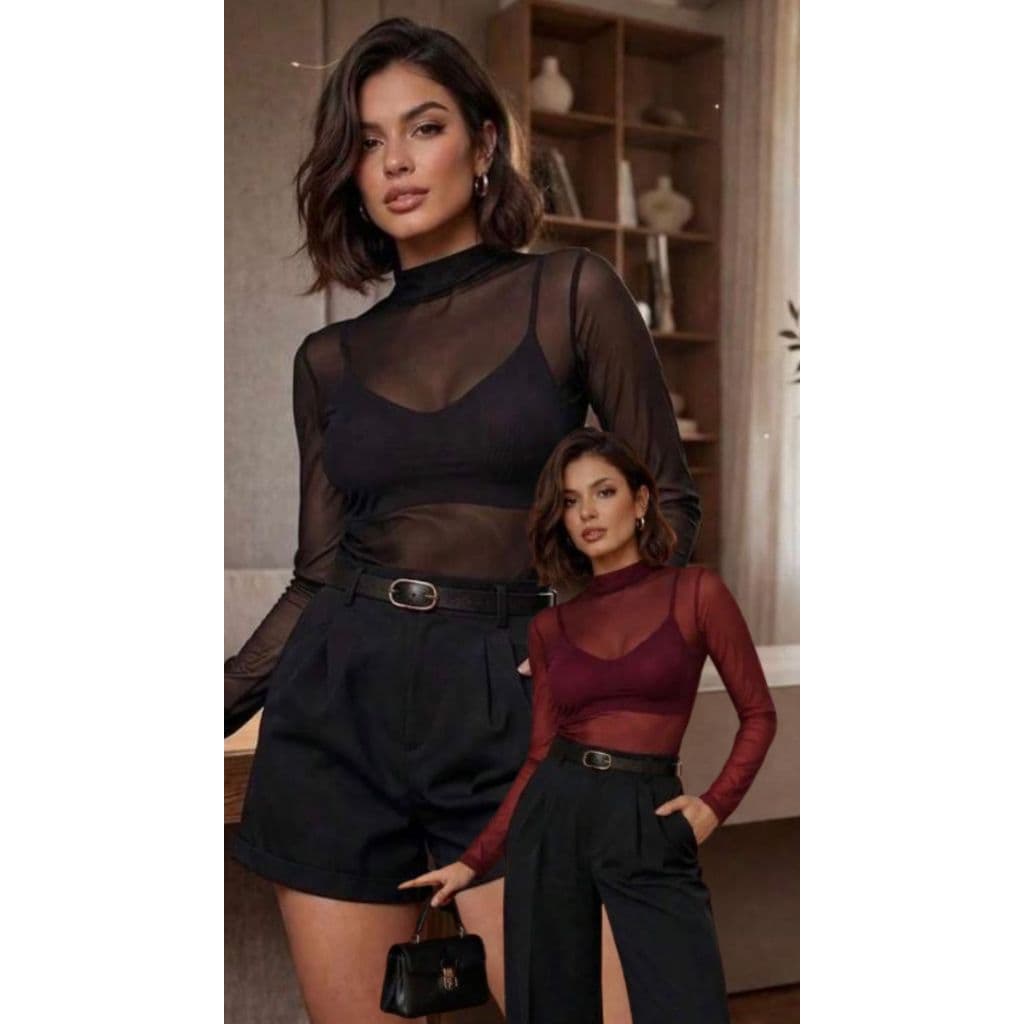 Kit 2 Body Tule Transparente Manga Longa Feminino Moda