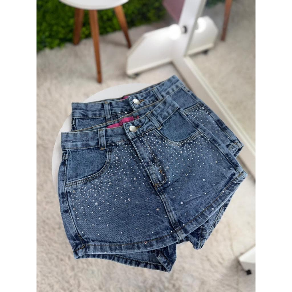 Short Saia Jeans Feminino Cintura Alta Com Strass Lavagem Marmorizada