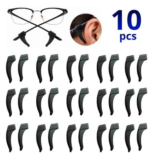 Kit 10 Suporte Para Armação de Óculos Antiderrapante 5 Pares Gancho de Orelha em Silicone Adulto e Infantil Cor Preta