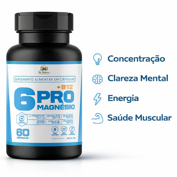 6Pro Magnésio + Vitamina B12 - 60 Capsulas por Pote | Saúde Muscular e Cerebral. Envio Imediato.