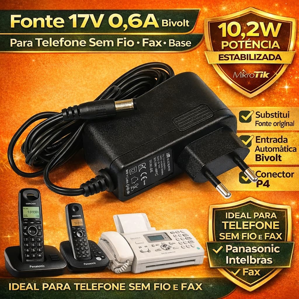Fonte 17V 0,6A Bivolt Para Telefone Sem Fio Base Panasonic Intelbras 10.2W