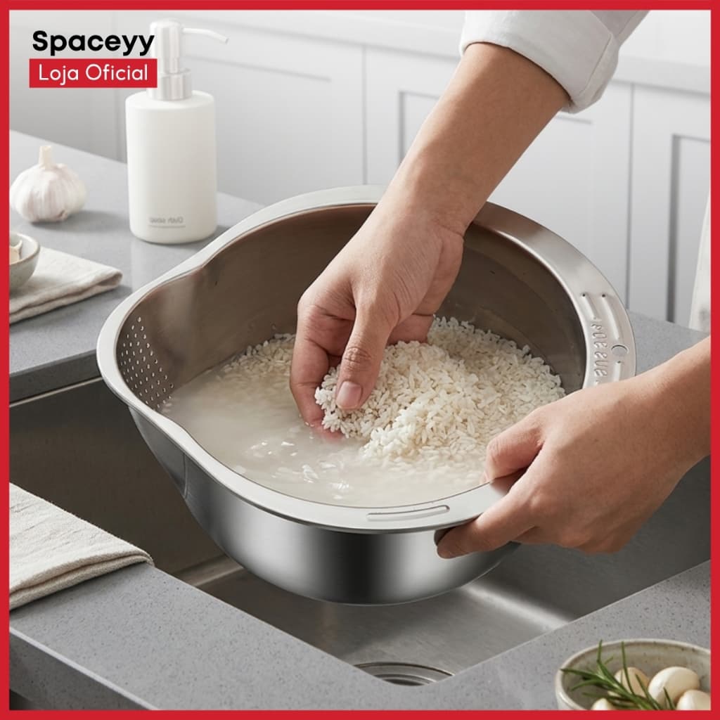 Escorredor de Cozinha Arroz Massa Legumes Multiuso em Aço Inoxidável 27cm