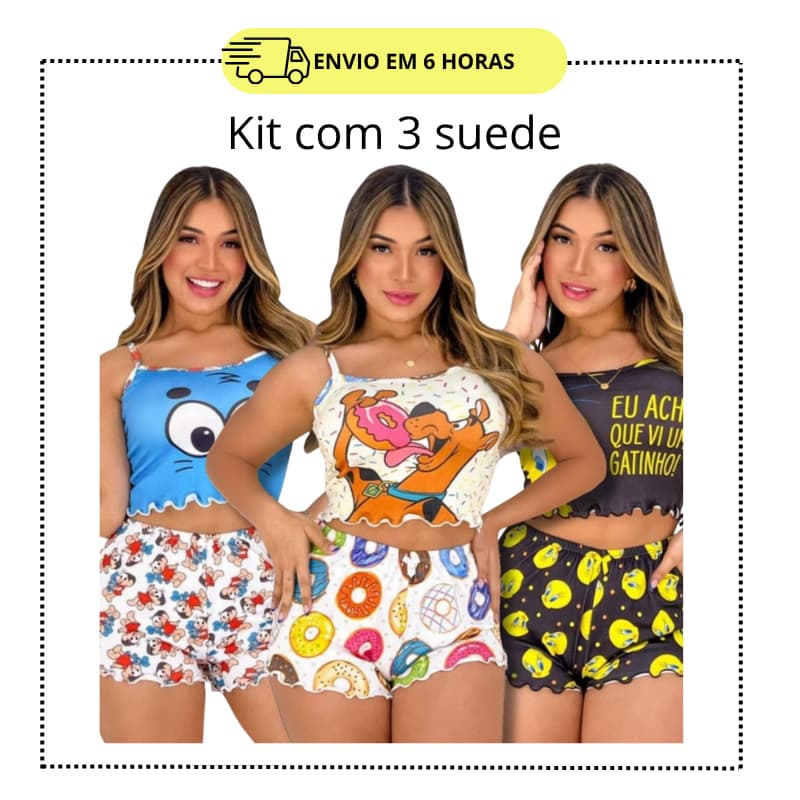 Baby Doll Sortidos Personagens Pijama SUEDE Cropped Ondinha Short Doll de Dormir