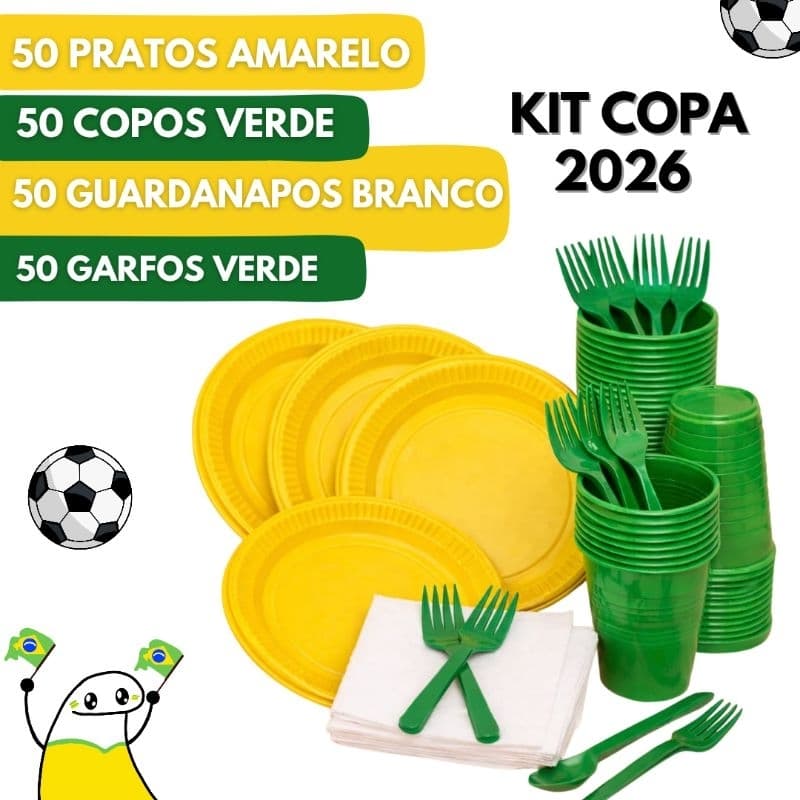 Kit Festa Descartáveis Copa do Mundo 2026 50 Pessoas Prato Copo Guardanapo e Garfo