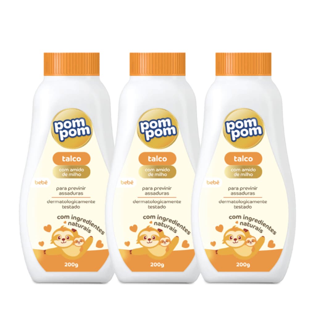 Kit com 3 Talcos Infantil Pom Pom 200g - Proteção e Maciez com Amido de Milho