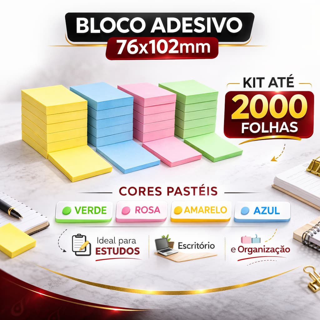 KITS 400, 800, 1200, 1600 e 2000 FOLHAS BLOCO ADESIVO COR PASTEL ANOTAÇÃO POSTITI 76X102mm