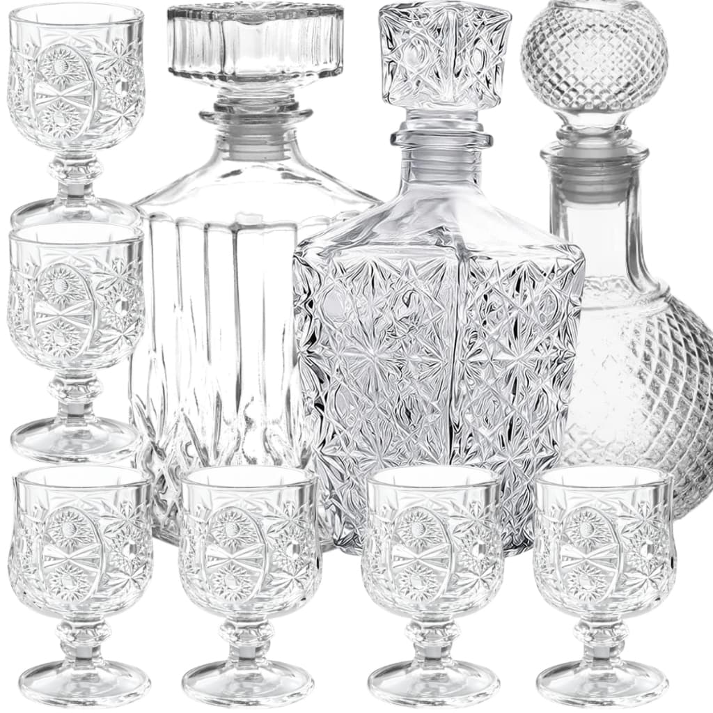Jogo 3 Frascos Vidro Licoreira + 6 Mini Cálices Cristal Lapidada Whisky Licor Decoração
