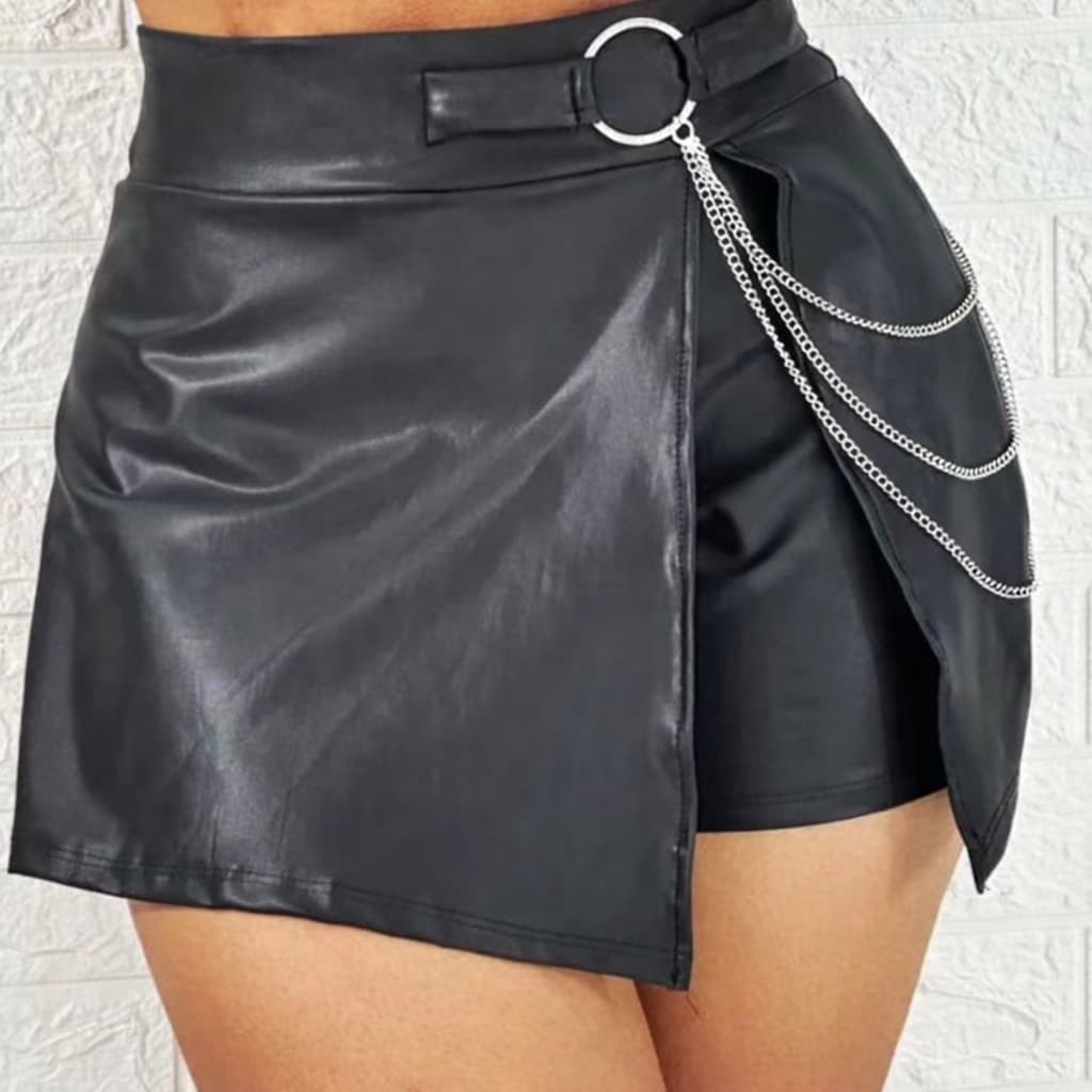Shorts Saia Corrente do Lado Argola Moda Gringa Feminino Couro Fake Short  Festa Junina Rodeio